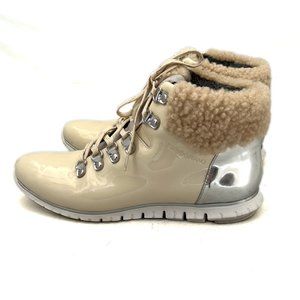 Cole Haan Patent Lace-Up Ankle Boots with Shearling Collar and Silver Heel